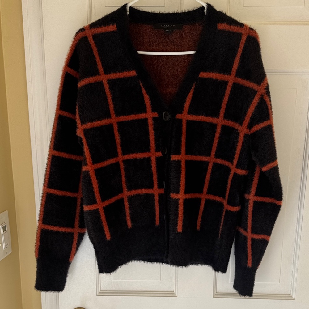 All Saints Jilly Cardigan with Orange and Black Windowpane Pattern